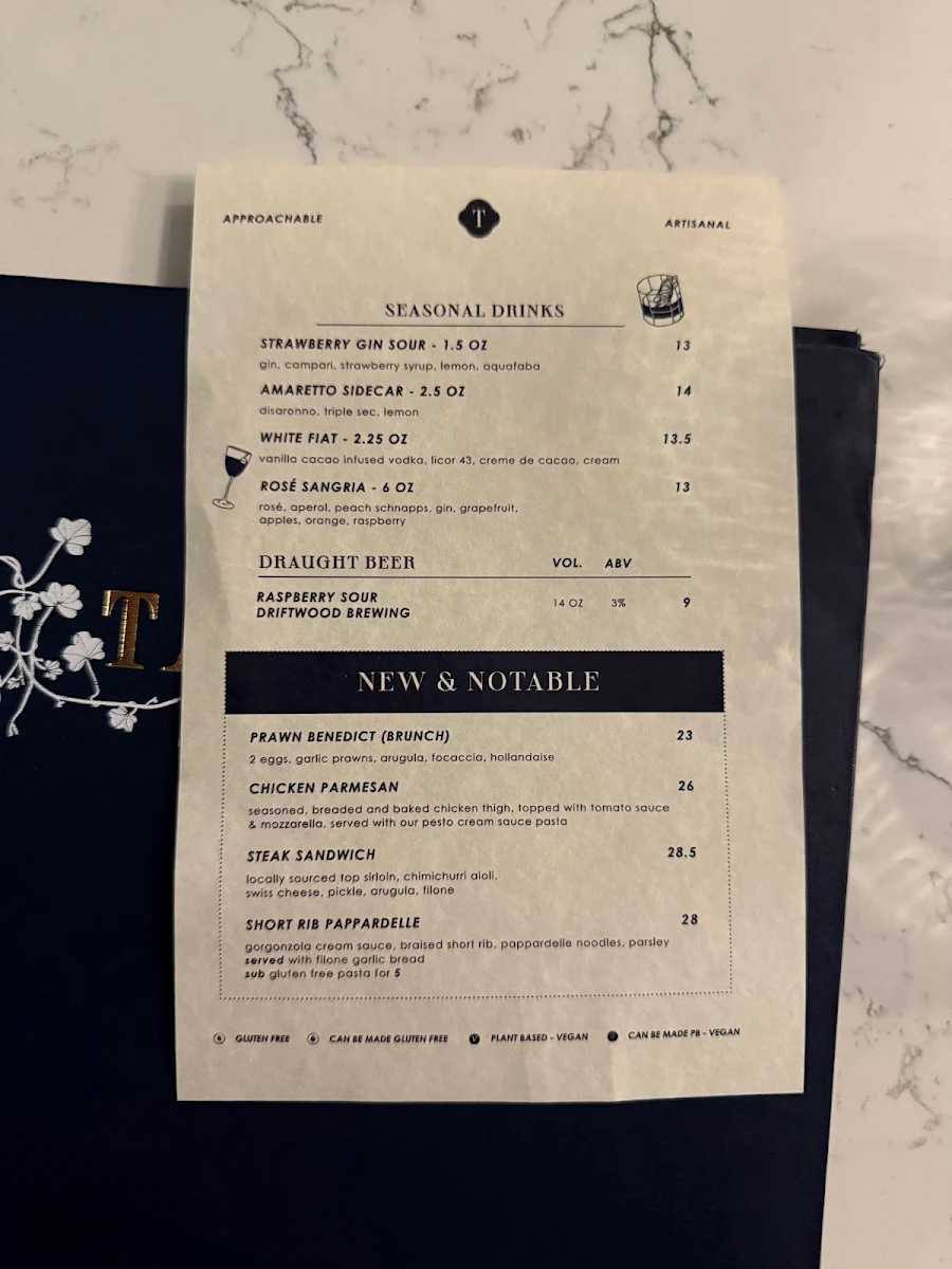 Menu, The Table Bistro