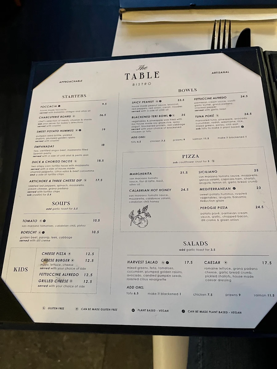 Menu, The Table Bistro
