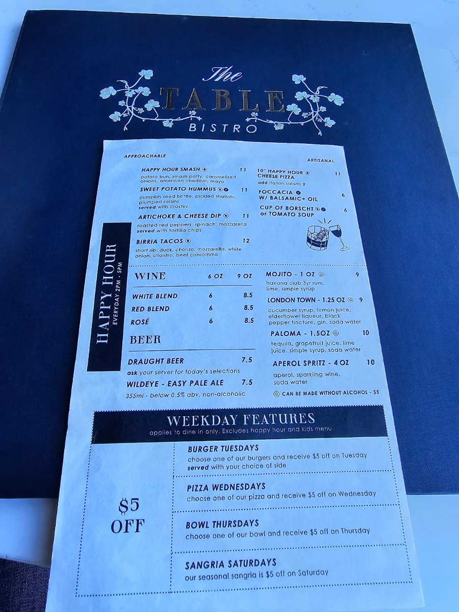 Menu, The Table Bistro