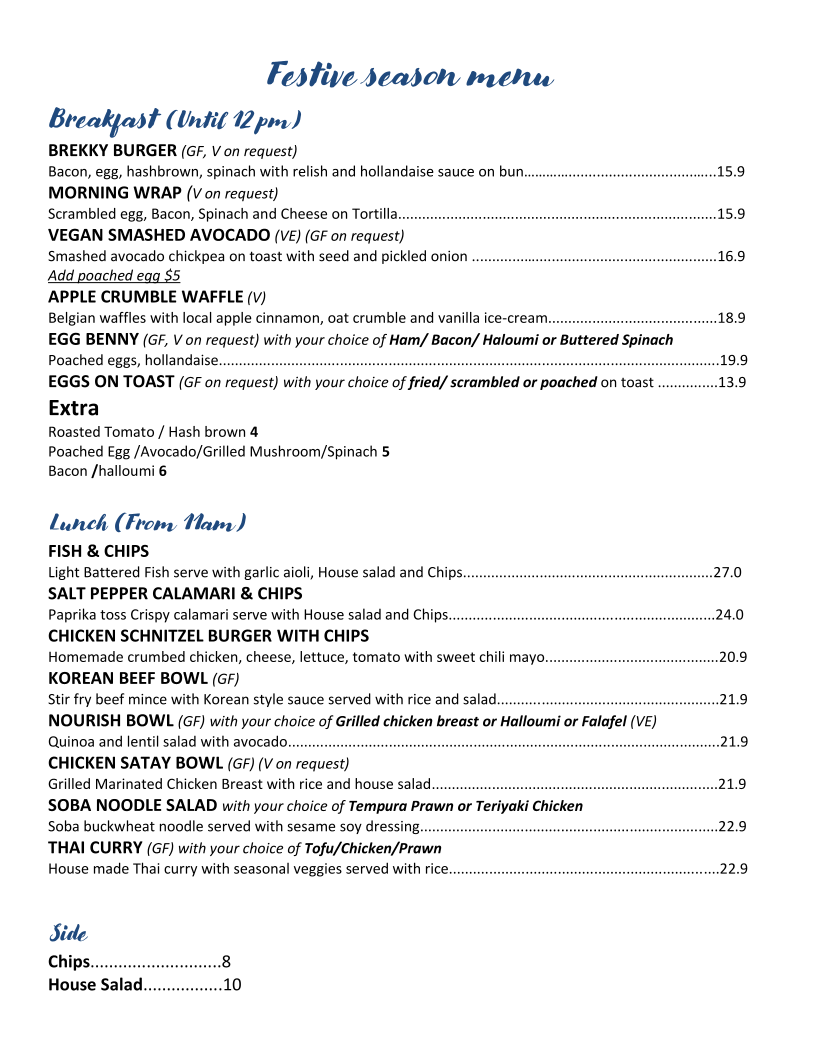 Menu, Kettering Cafe