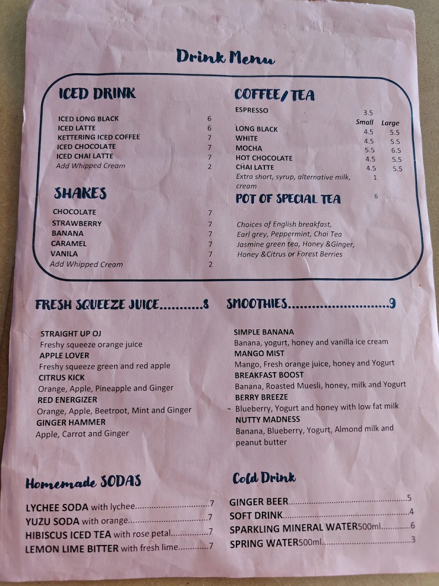 Menu, Kettering Cafe