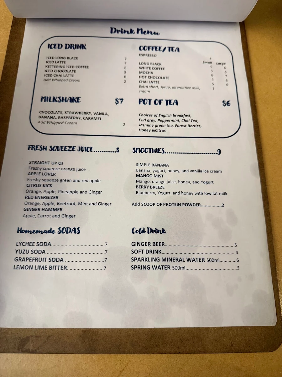 Menu, Kettering Cafe