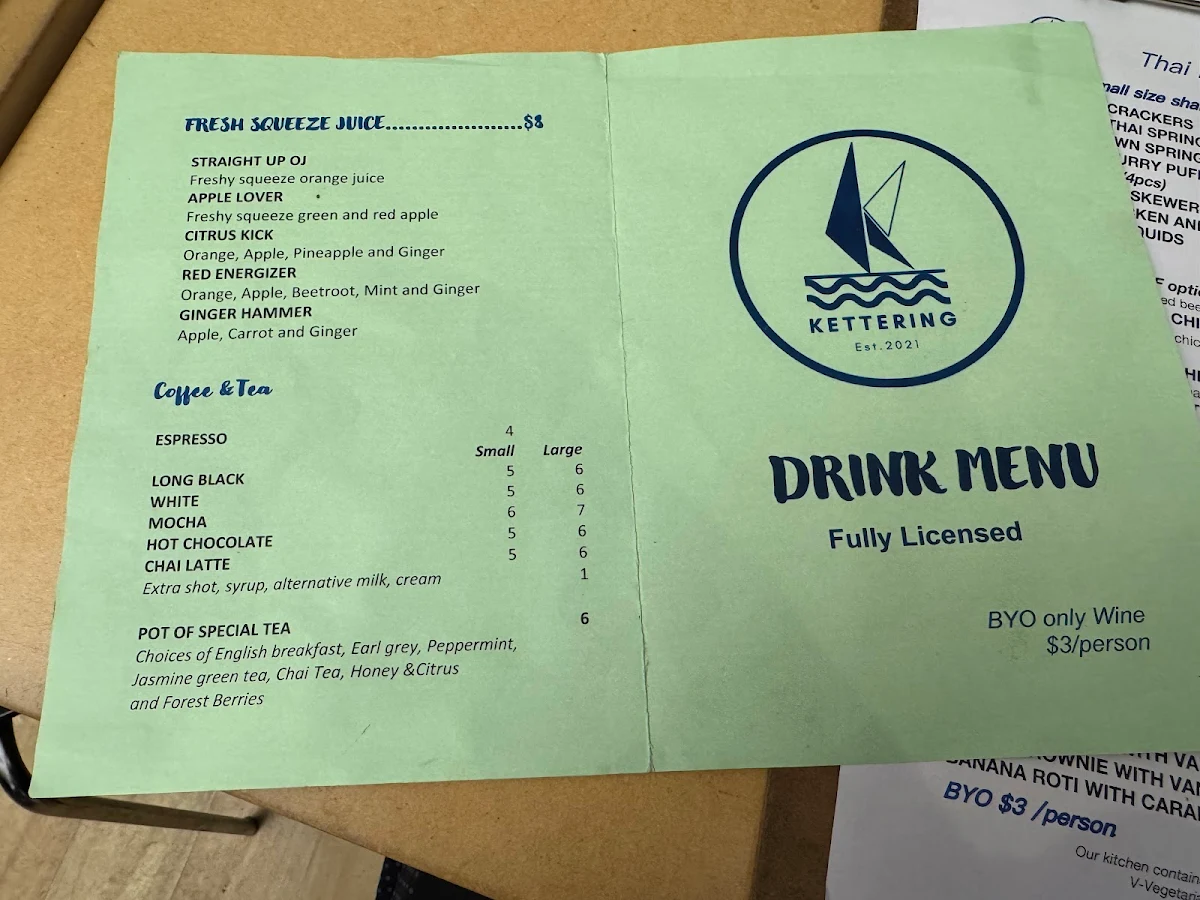 Menu, Kettering Cafe