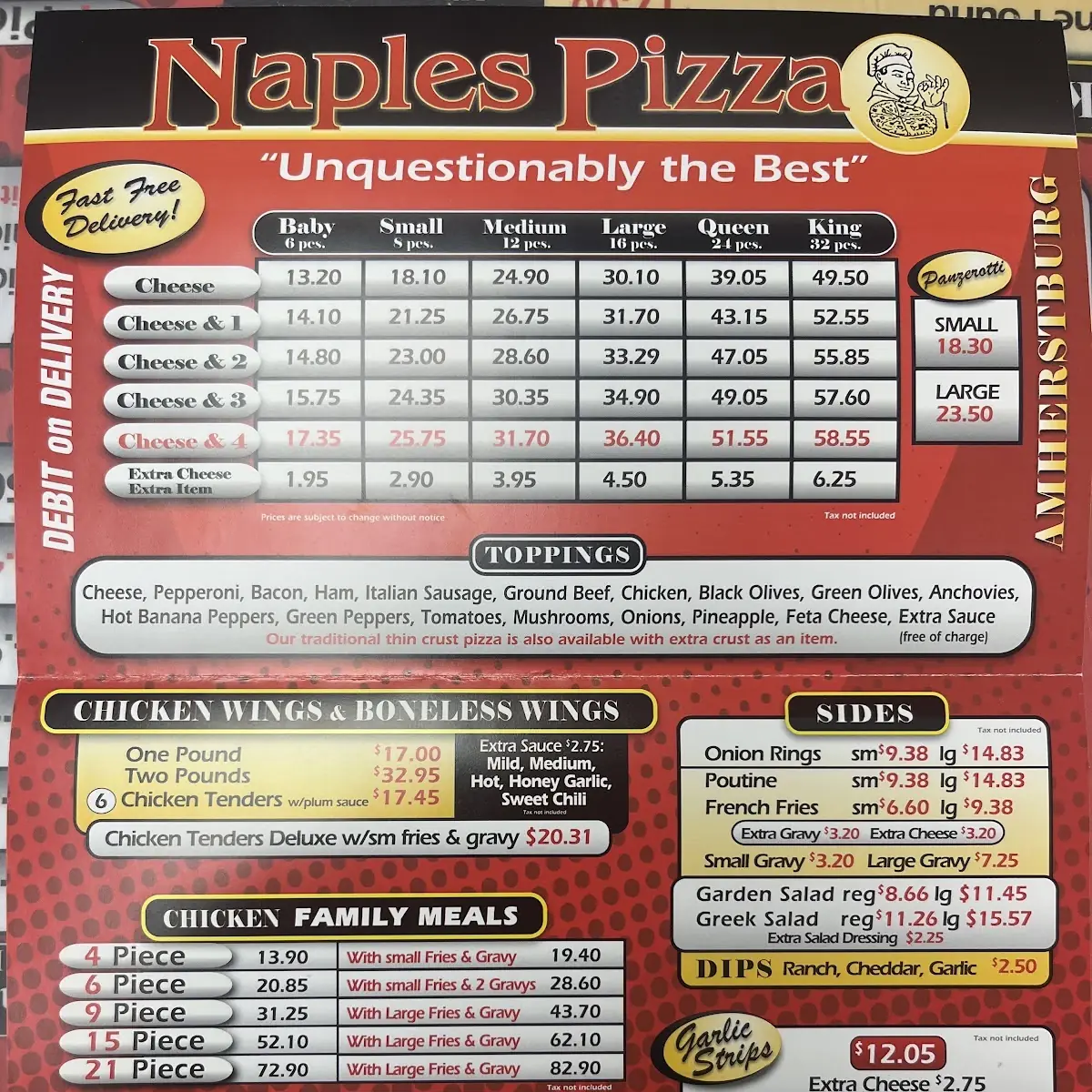 Menu, Naples Pizza