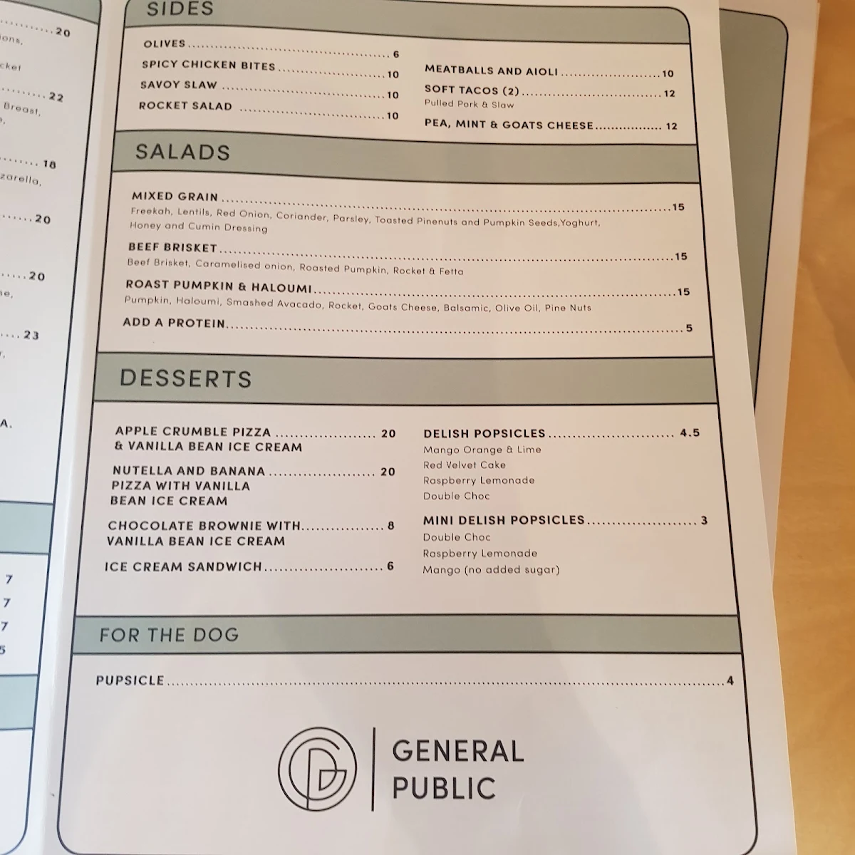 Menu, General Public Food Co - Scarborough