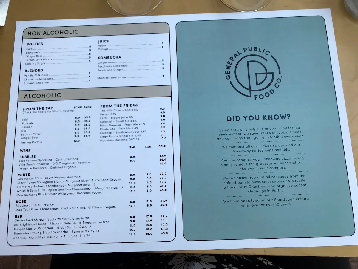 Menu, General Public Food Co - Scarborough
