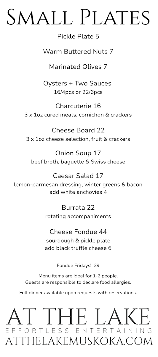 Menu, AT THE LAKE Kearney