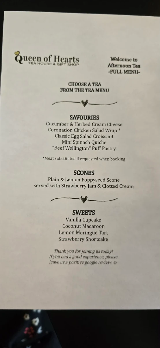 Menu, Queen of Hearts Tea House