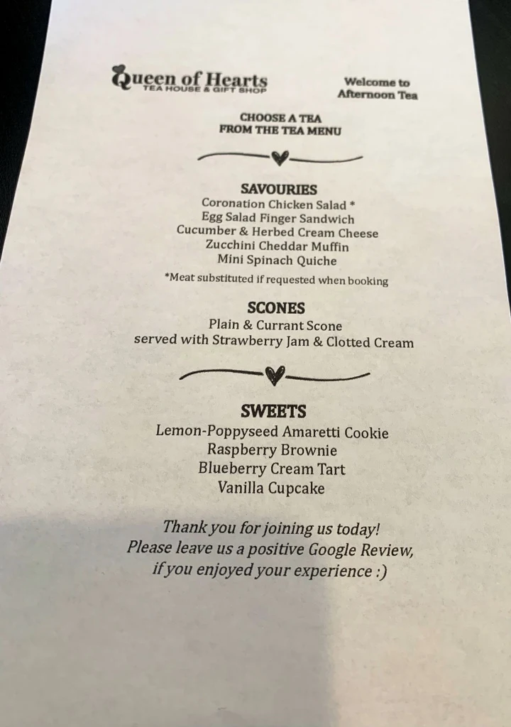 Menu, Queen of Hearts Tea House