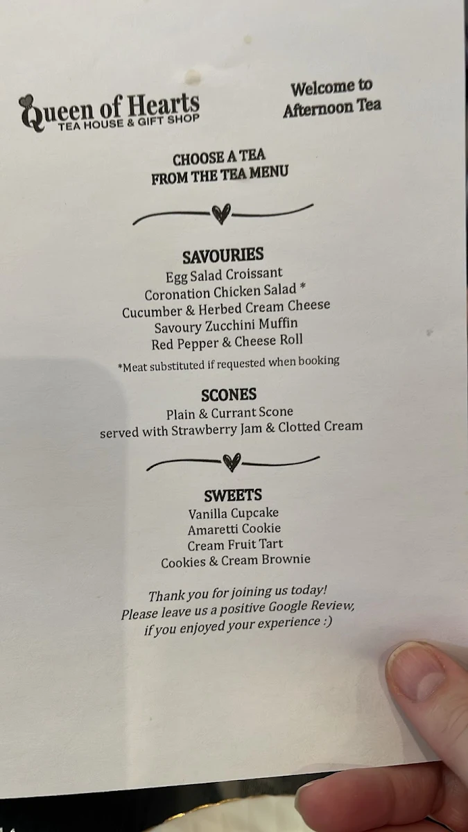 Menu, Queen of Hearts Tea House