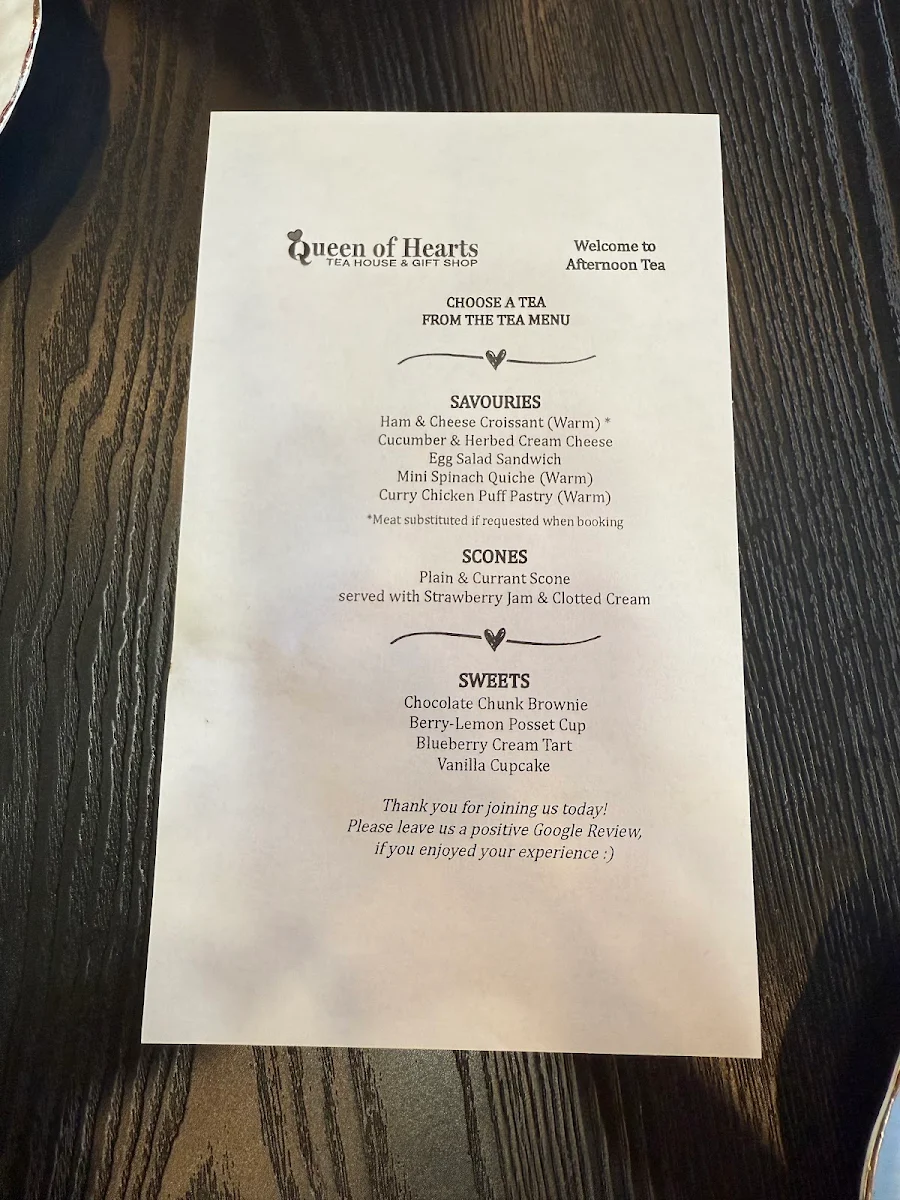 Menu, Queen of Hearts Tea House