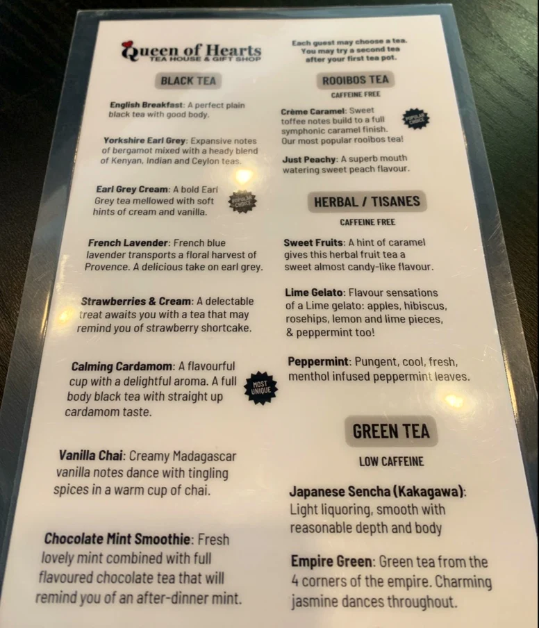 Menu, Queen of Hearts Tea House