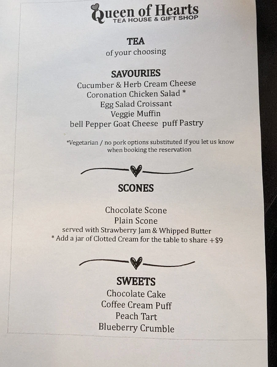 Menu, Queen of Hearts Tea House