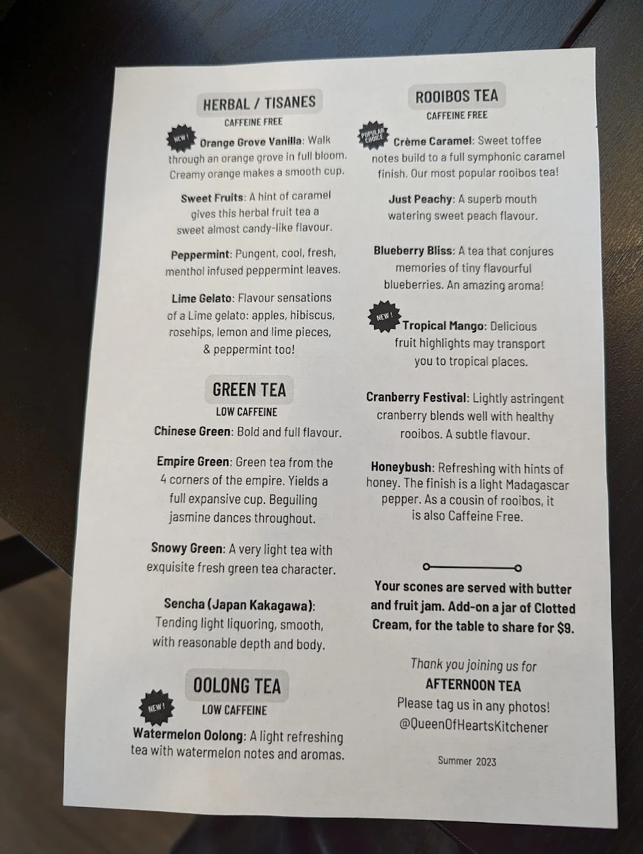 Menu, Queen of Hearts Tea House