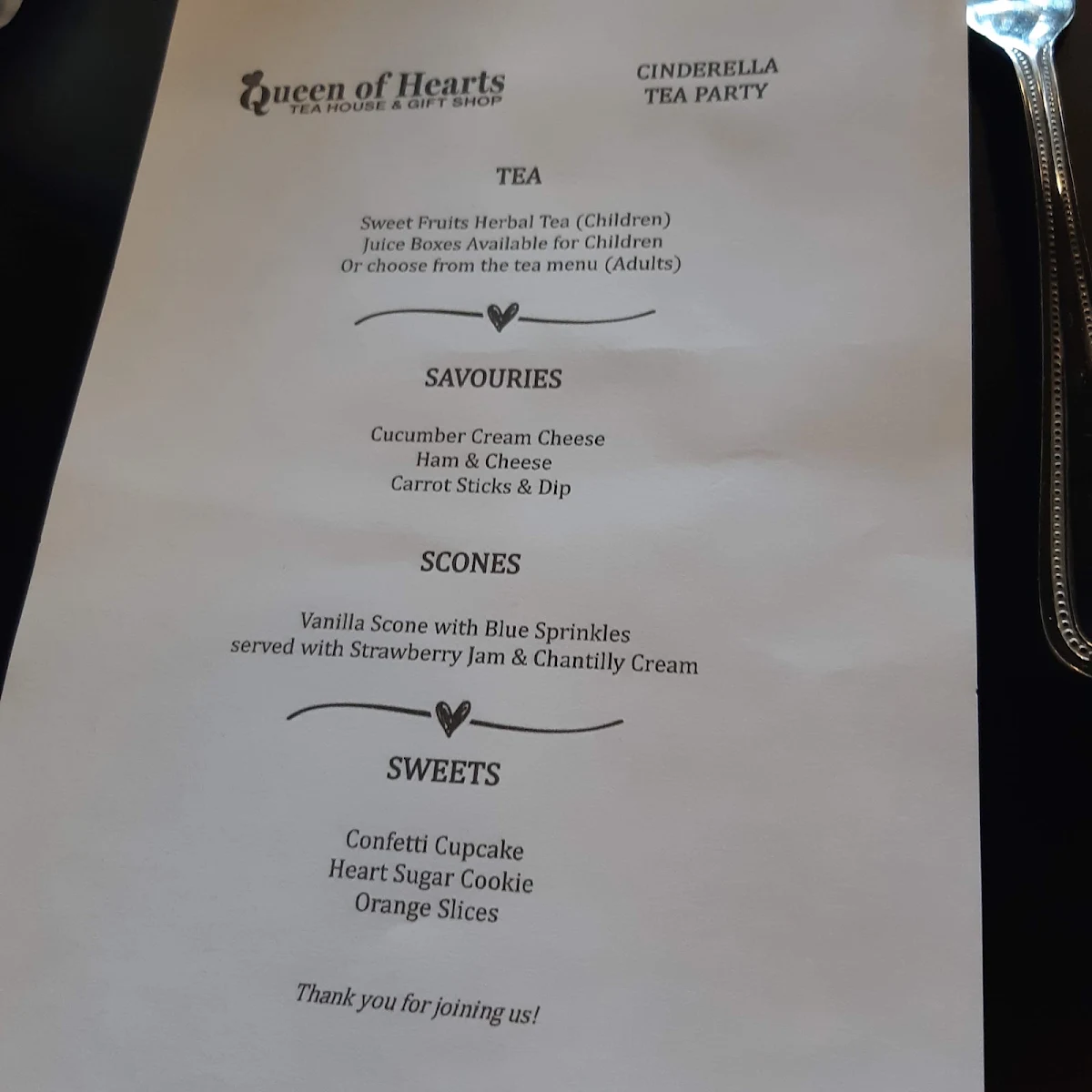 Menu, Queen of Hearts Tea House