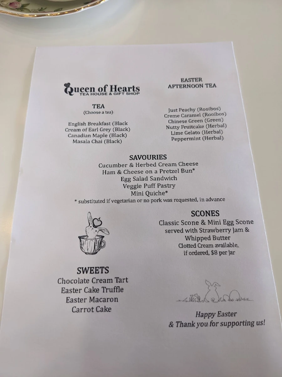 Menu, Queen of Hearts Tea House