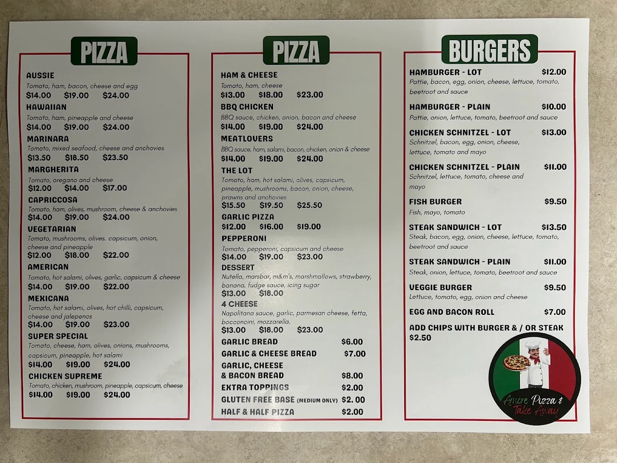 Menu, Amore Pizza & Take Away