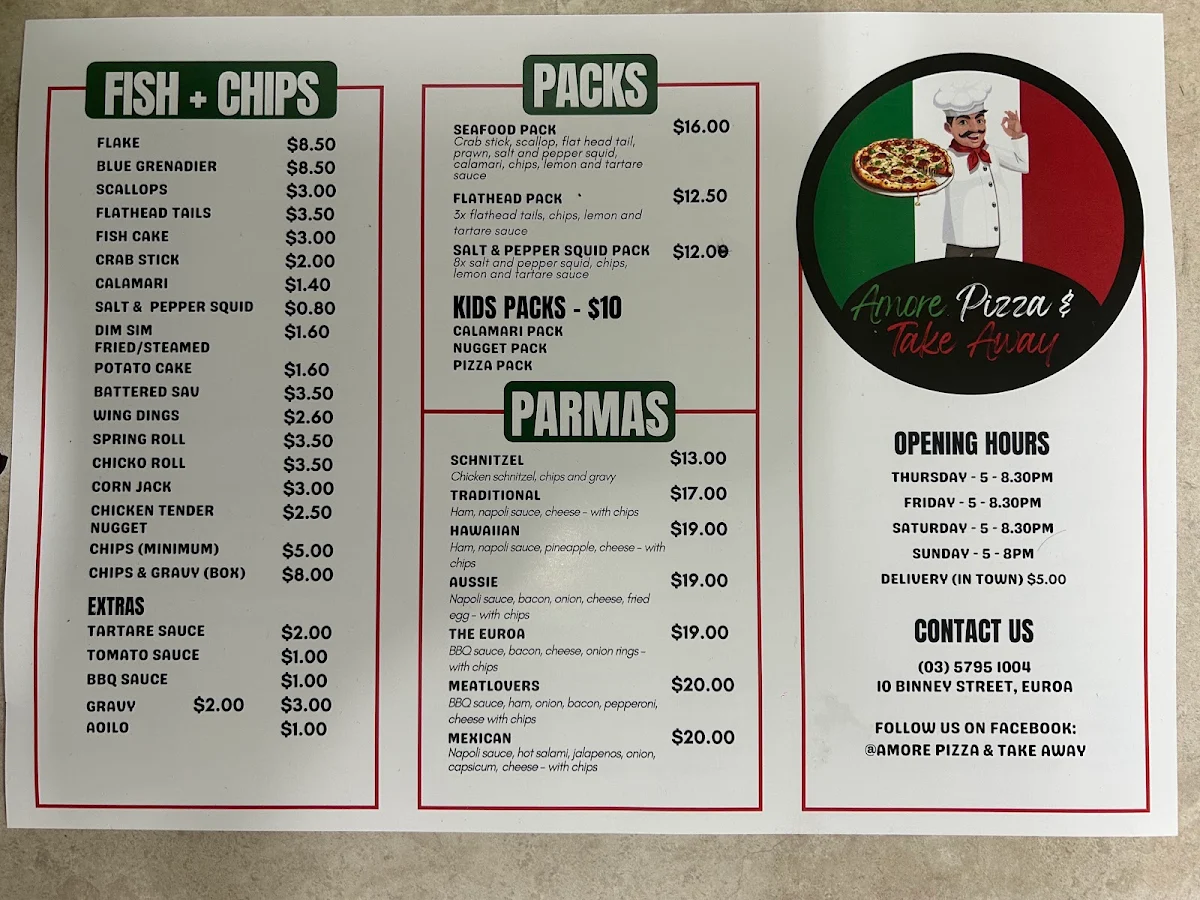 Menu, Amore Pizza & Take Away