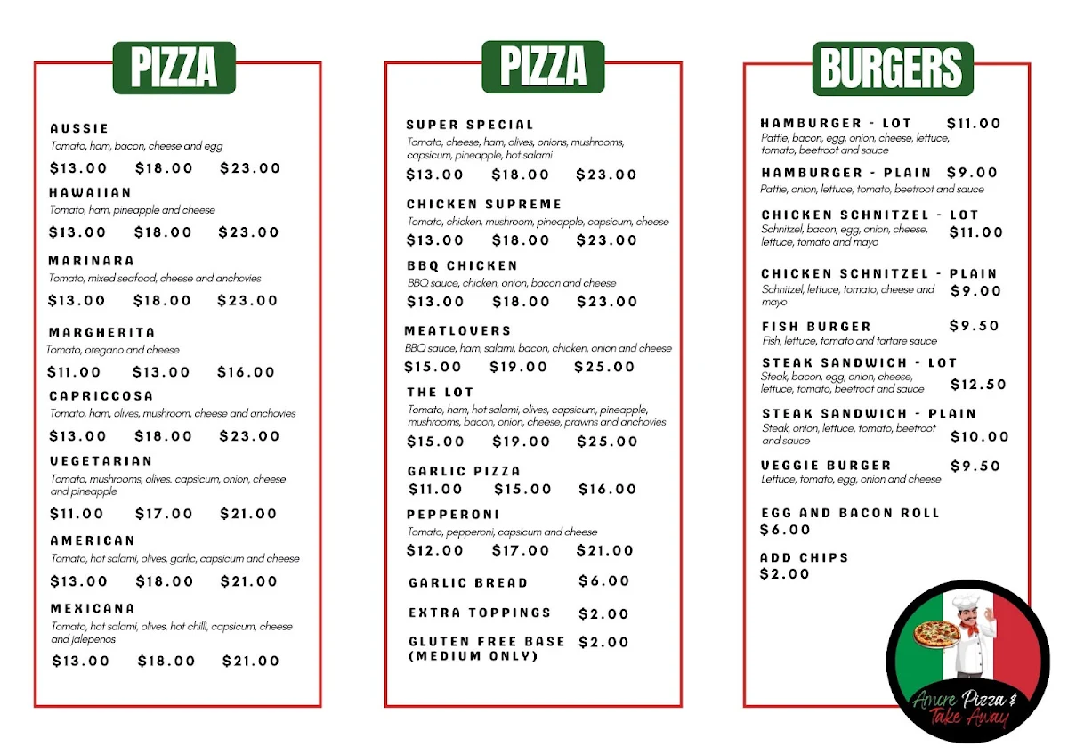 Menu, Amore Pizza & Take Away