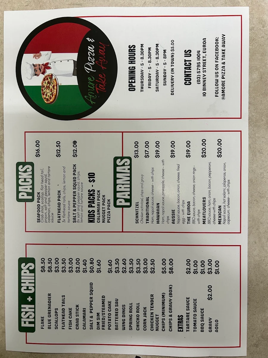 Menu, Amore Pizza & Take Away