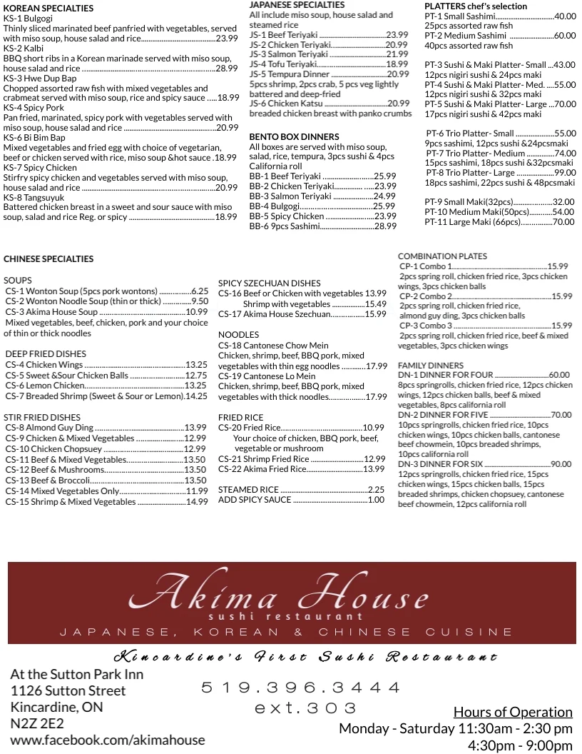 Menu, Akima House
