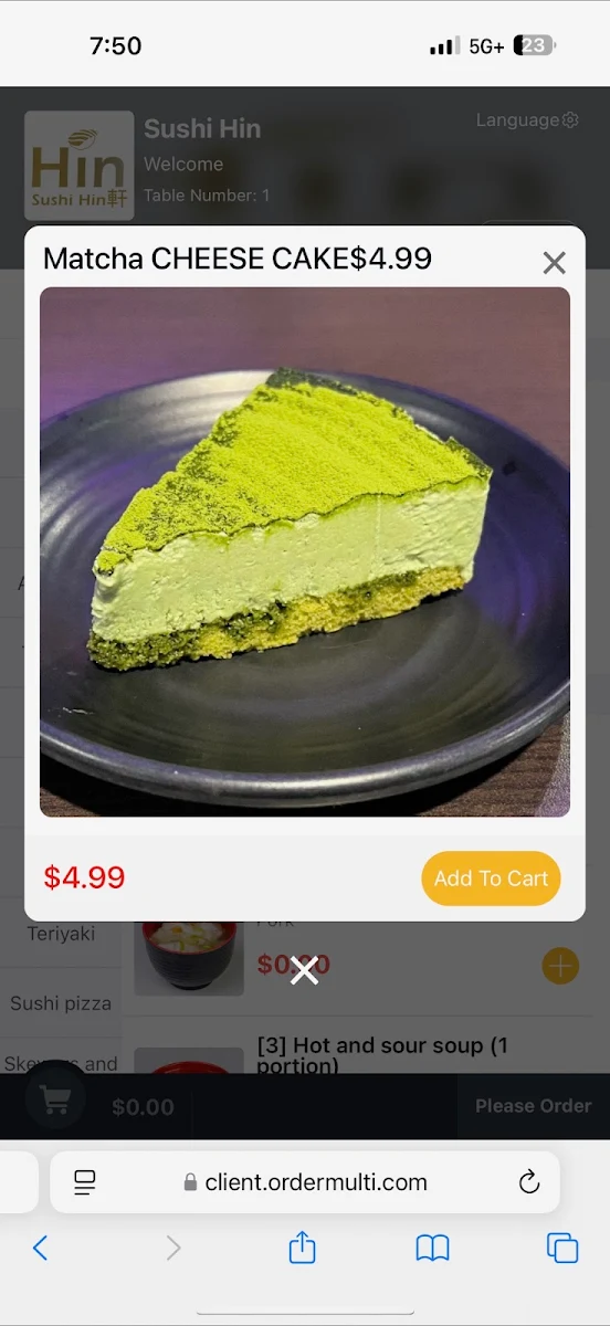 Menu, Sushi Hin