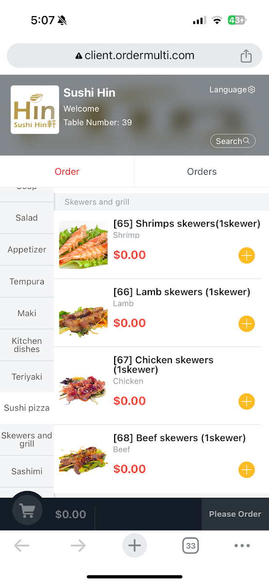 Menu, Sushi Hin