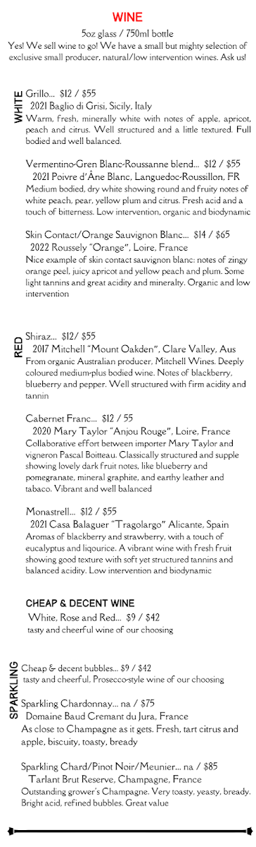 Menu, Bijoux Bar