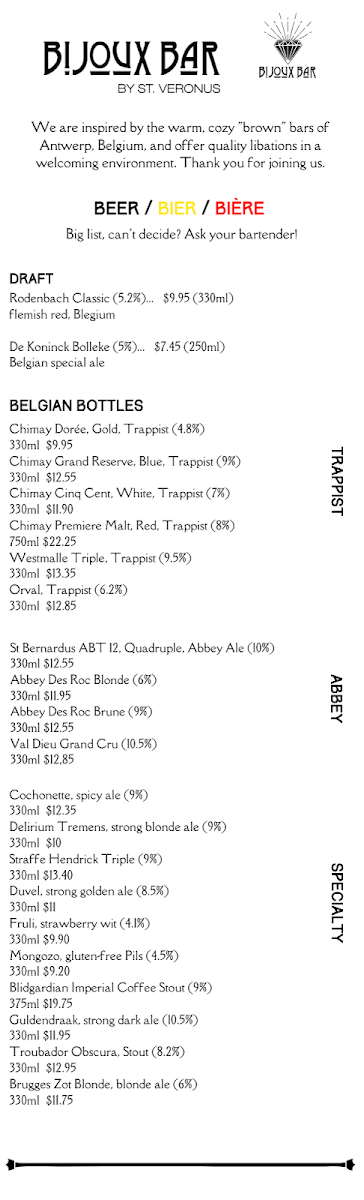 Menu, Bijoux Bar