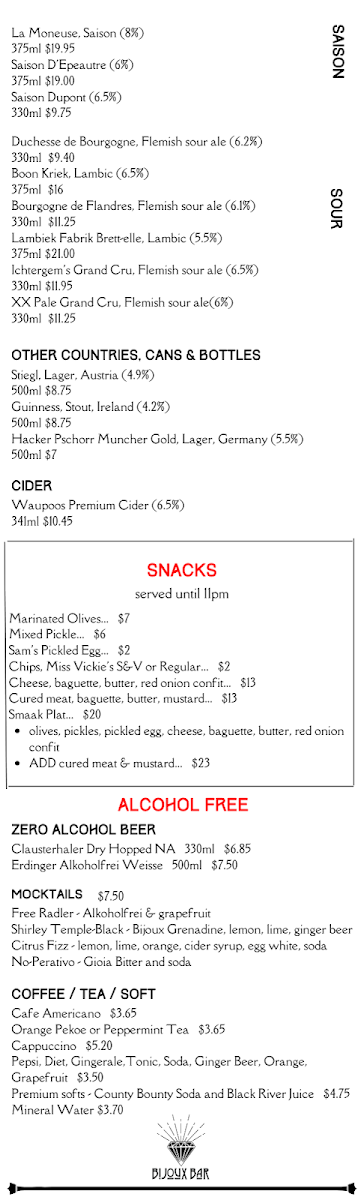 Menu, Bijoux Bar