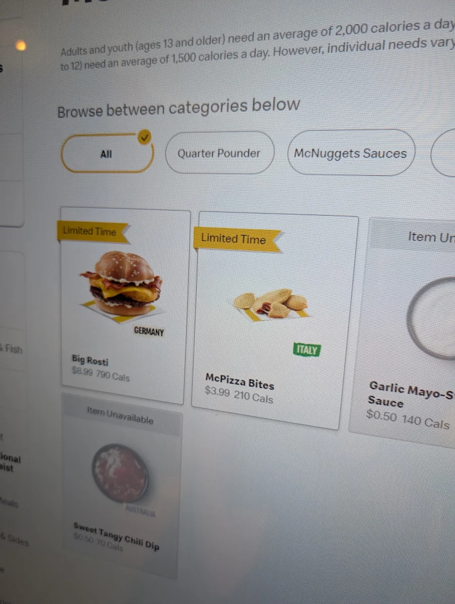 Menu, McDonald's