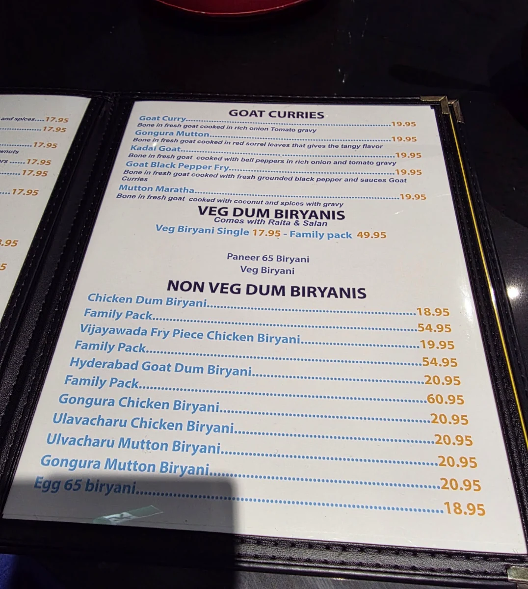 Menu, Bahubali Biryani House
