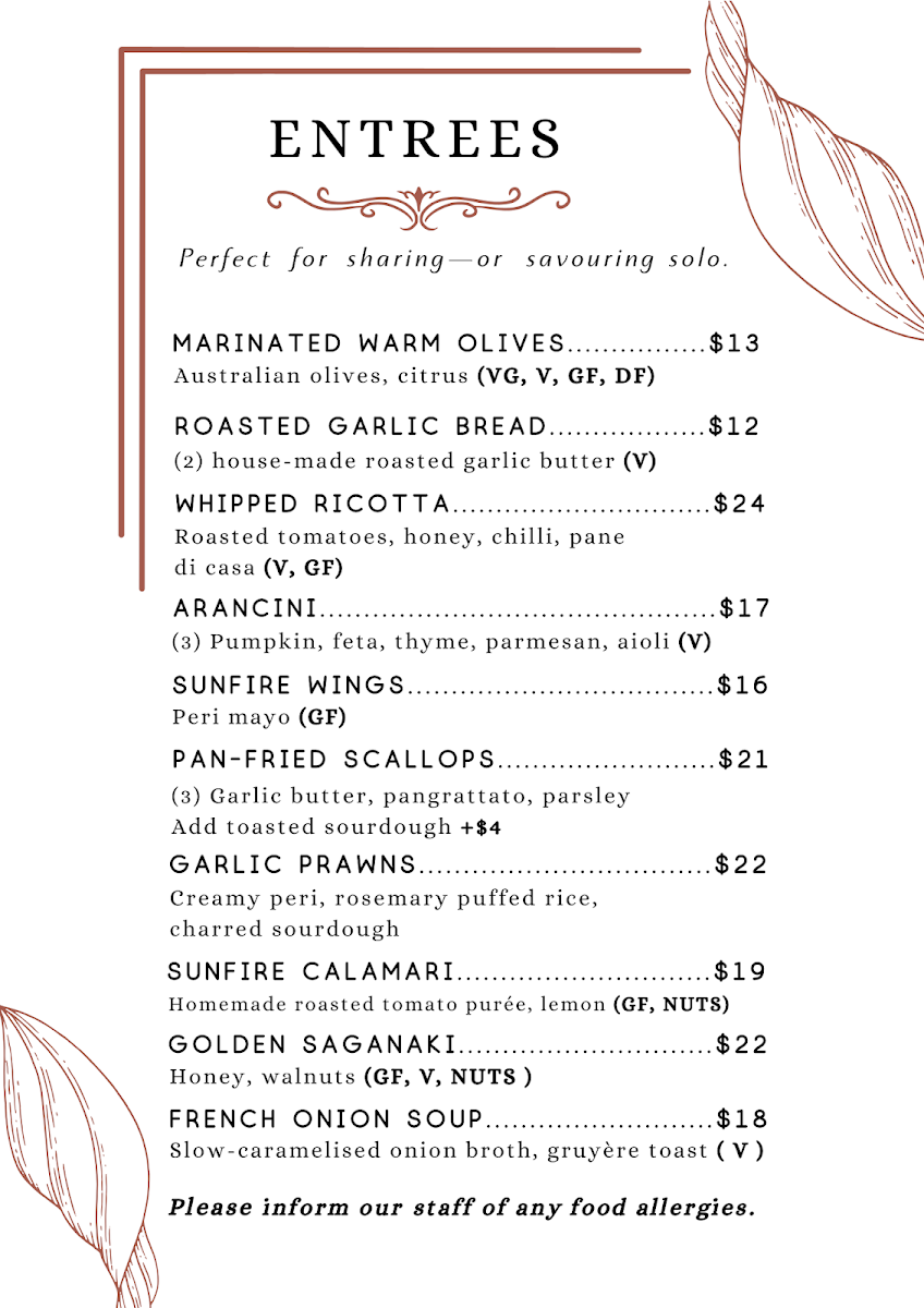 Menu, The Sunfire Kitchen