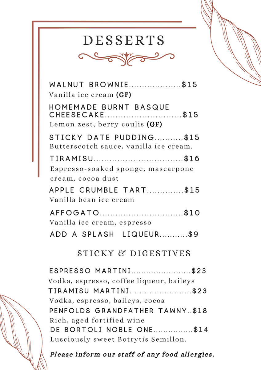 Menu, The Sunfire Kitchen