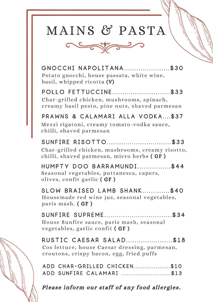 Menu, The Sunfire Kitchen