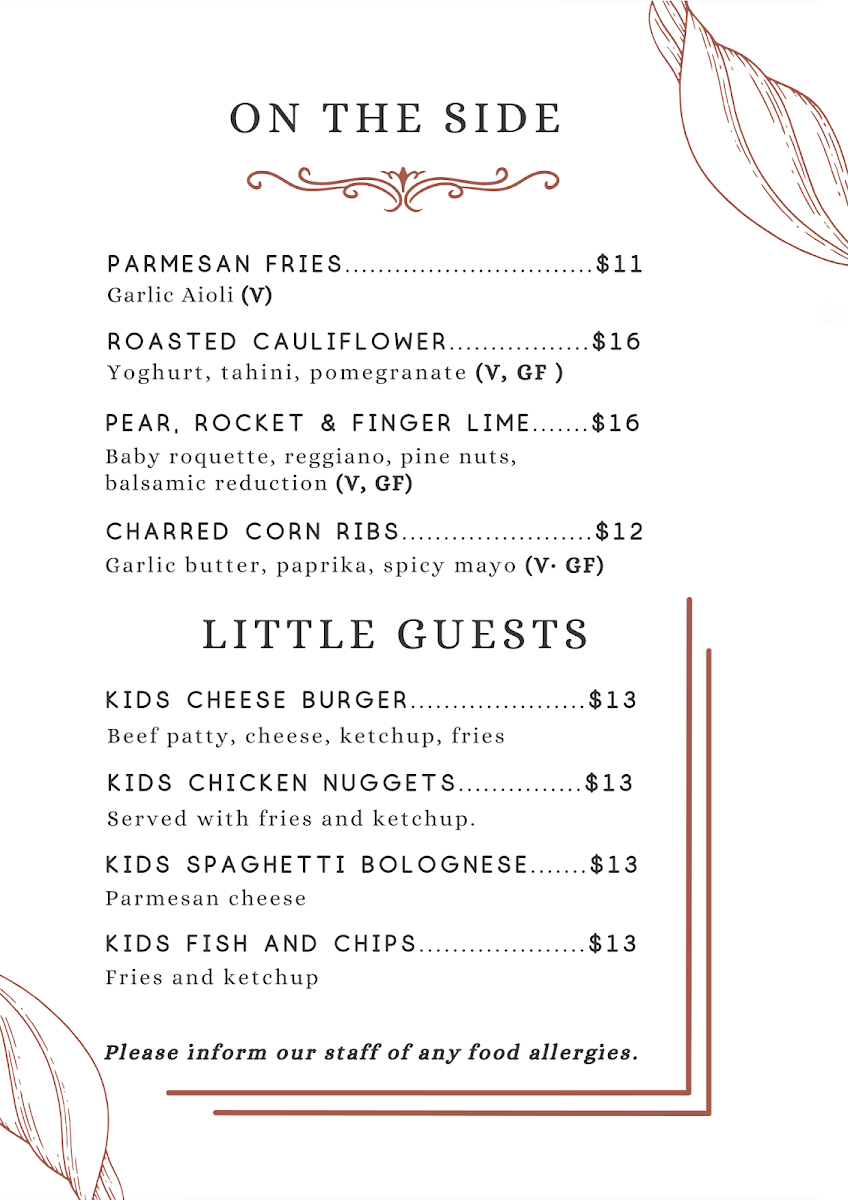 Menu, The Sunfire Kitchen