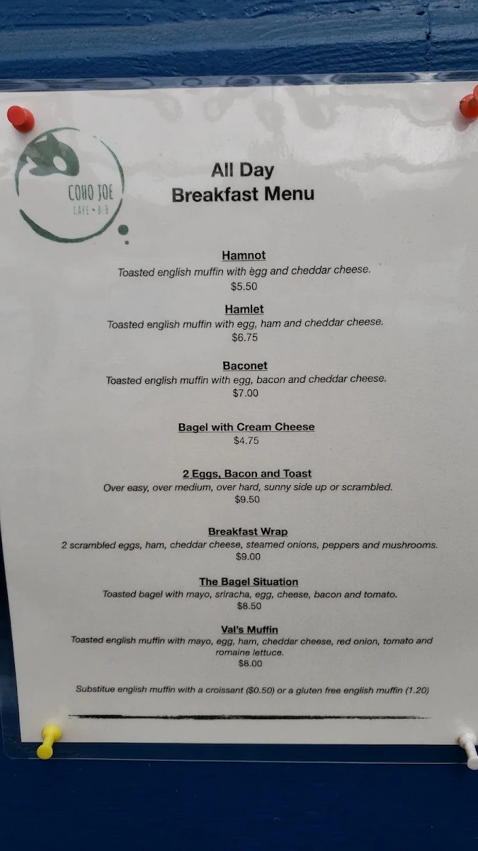 Menu, Coho Joe Cafe & BnB