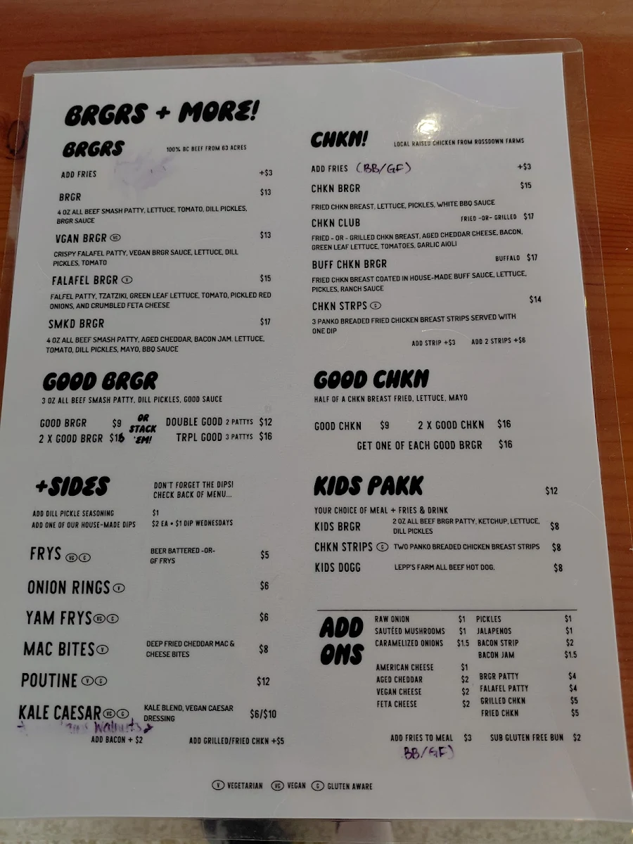 Menu, BRGR BRGR