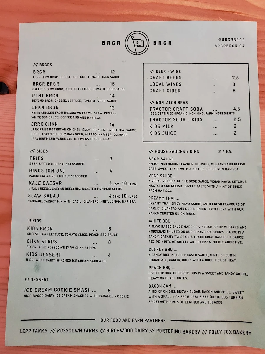 Menu, BRGR BRGR
