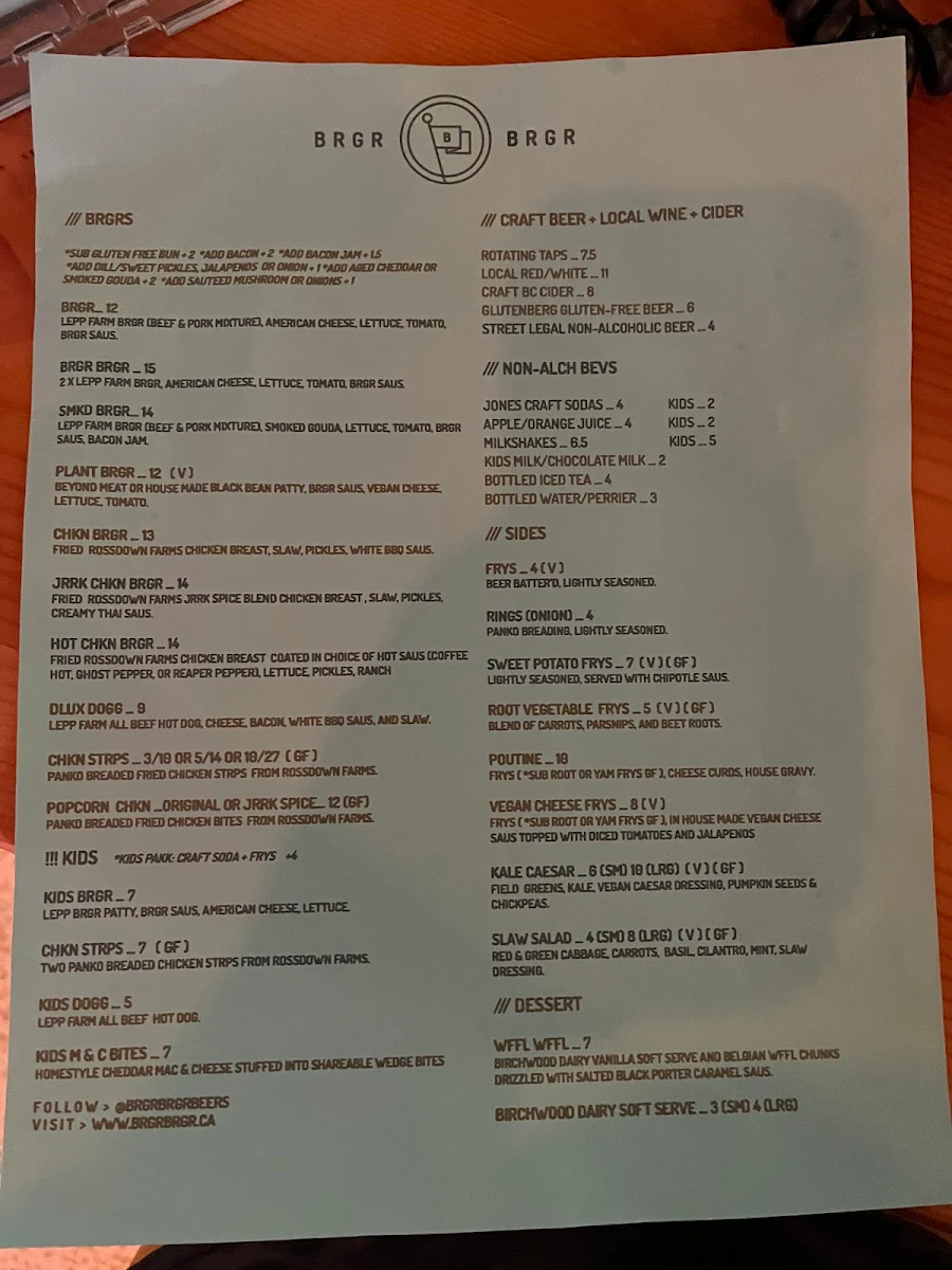 Menu, BRGR BRGR