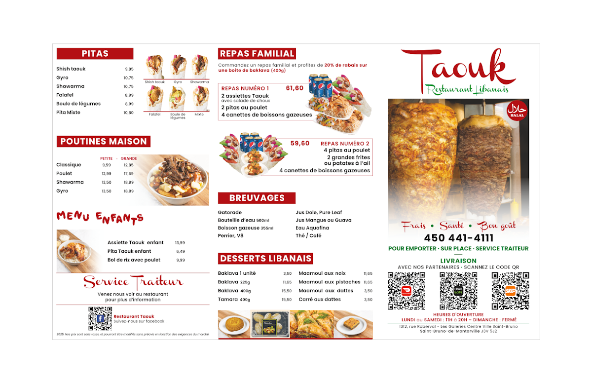 Menu, Restaurant Taouk