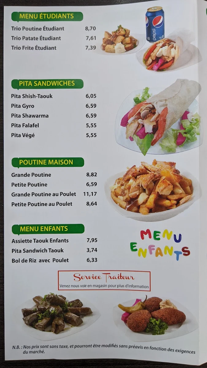 Menu, Restaurant Taouk