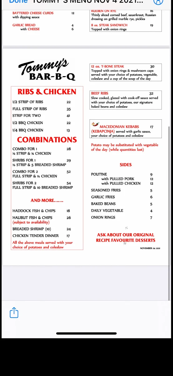 Menu, Tommy's Bar-B-Q