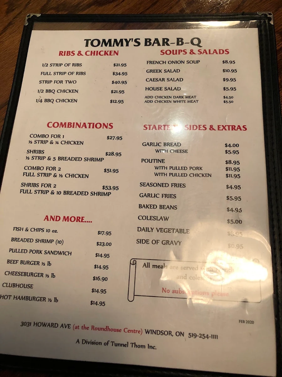 Menu, Tommy's Bar-B-Q