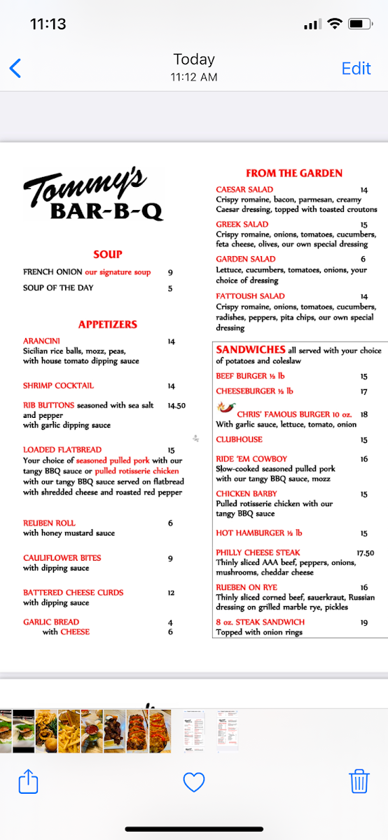Menu, Tommy's Bar-B-Q