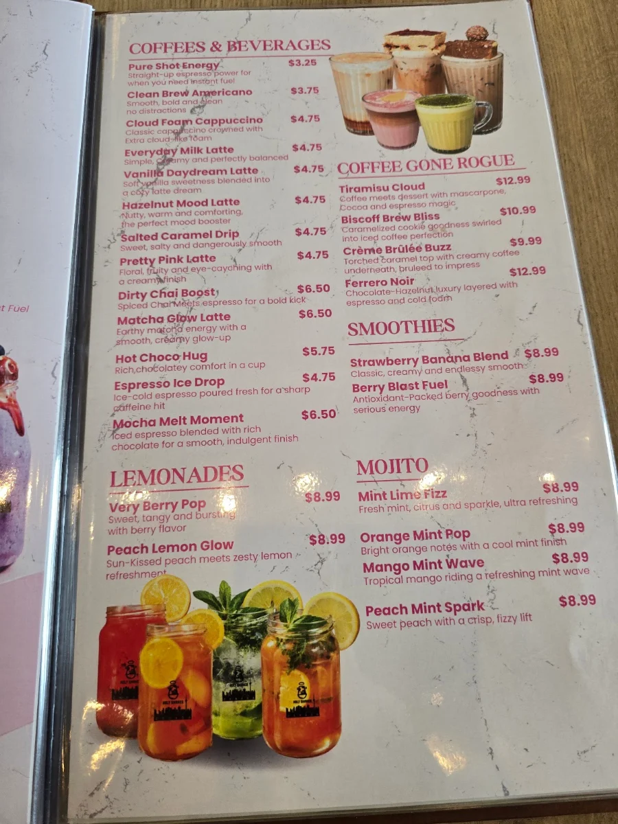 Menu, Holy Shakes Café. Dessert. Eatery.