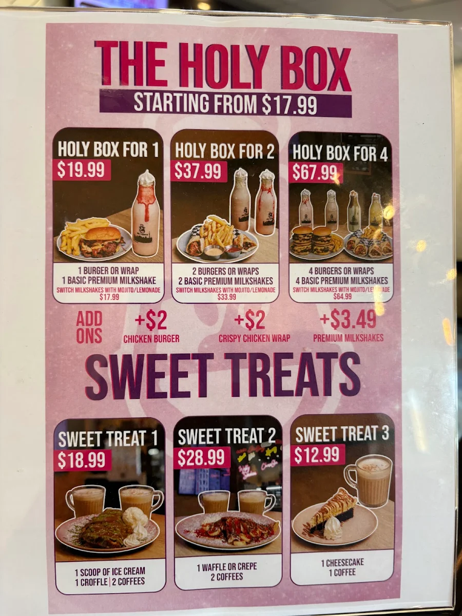 Menu, Holy Shakes Café. Dessert. Eatery.