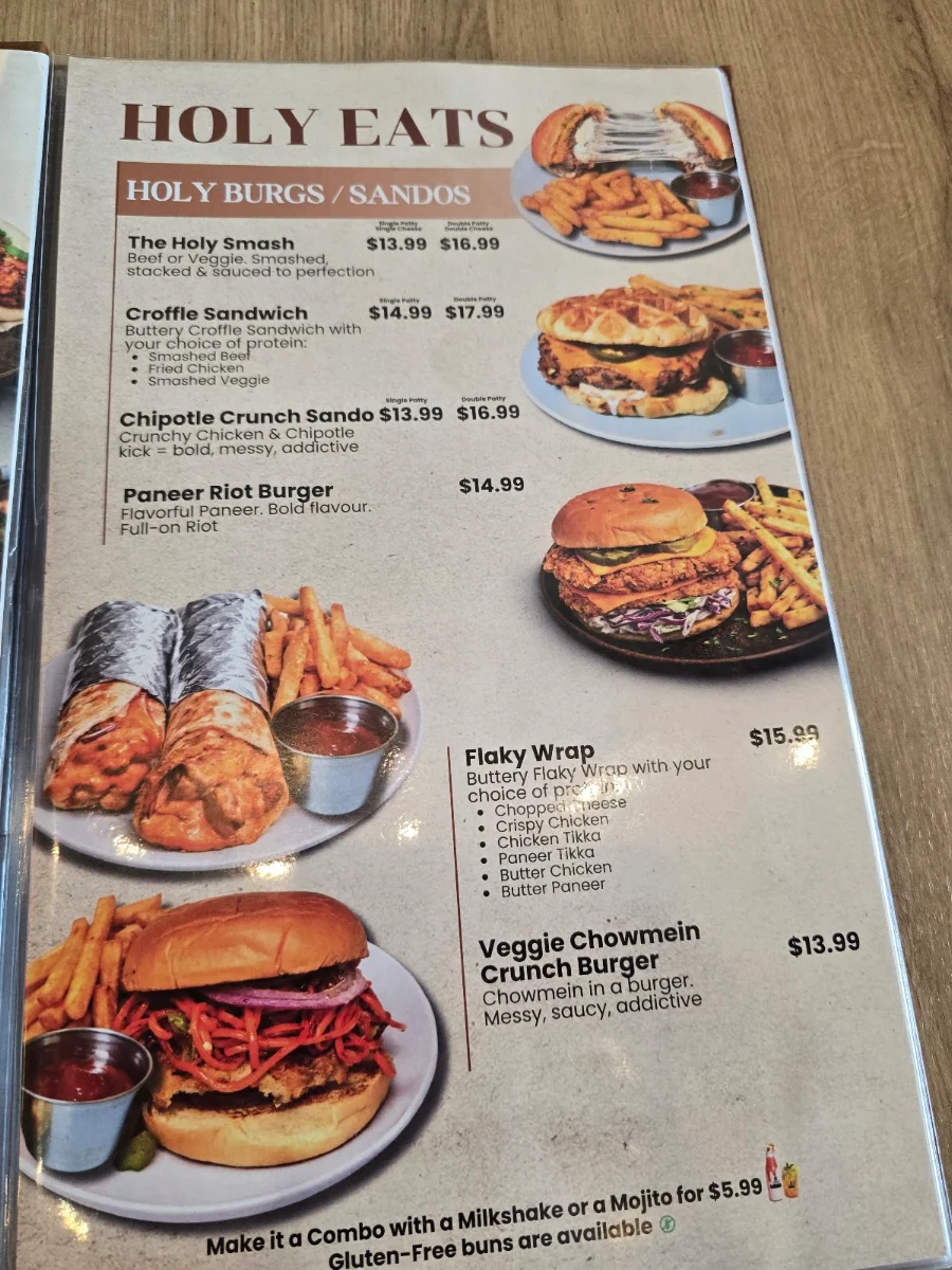 Menu, Holy Shakes Café. Dessert. Eatery.