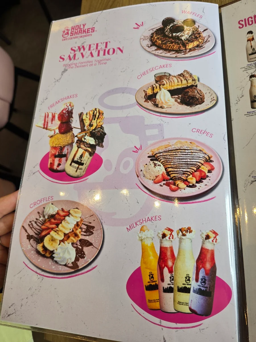 Menu, Holy Shakes Café. Dessert. Eatery.