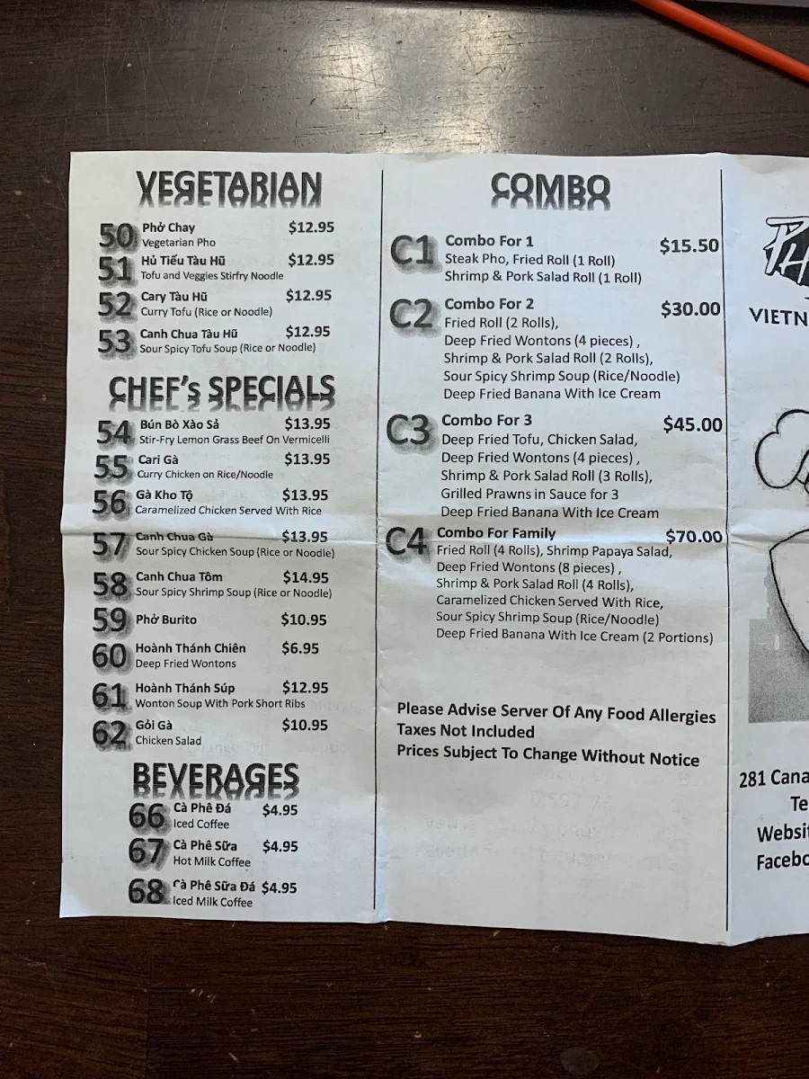 Menu, Pho Vuong Restaurant - Duncan